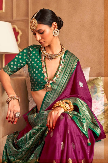 Wine Purple & Green Mercerized Sigma Silk with Sambalpuri Pallu & Aqua Finish