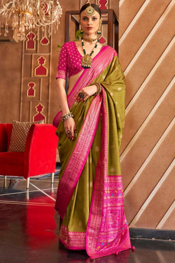 Olive Green & Pink Mercerized Sigma Silk with Sambalpuri Pallu & Aqua Finish