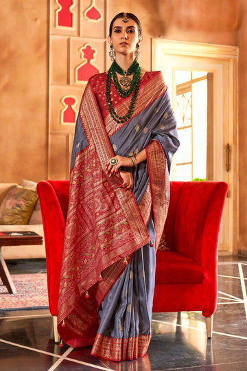 Grey Mercerized Sigma Silk with Sambalpuri Pallu & Aqua Finish