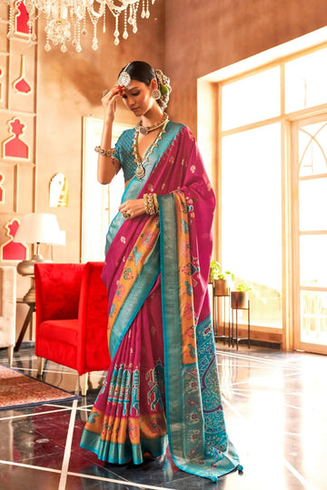 Dragon Fruit Pink Monsoon Blue Mercerized Sigma Silk with Sambalpuri Pallu & Aqua Finish