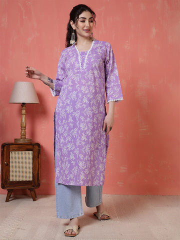 Purple Printed Cotton Kurta for Women