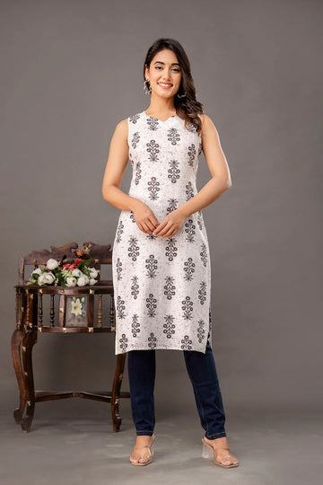 Women’s White Printed Cotton Kurta