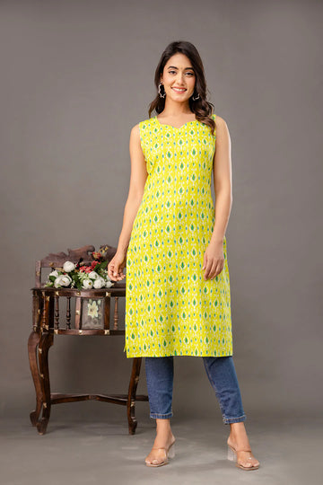 Women’s Lime Green Ikkat Printed Cotton Kurta