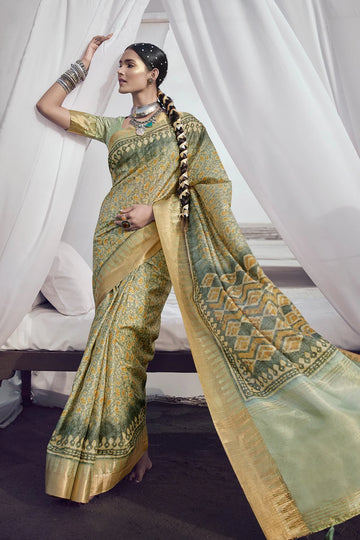 Olive Green Elegant Chhapa Silk Sarees with Rich Weaving Border