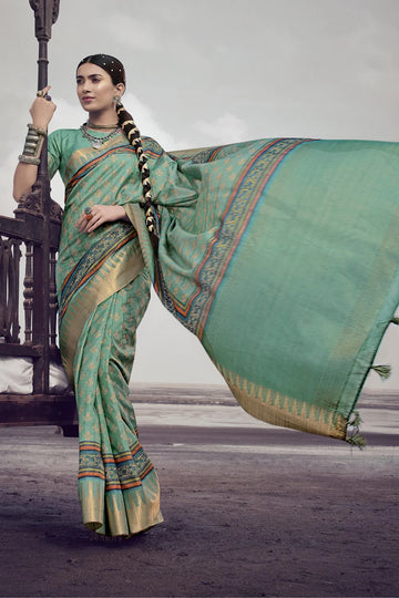 Seafoam Green Elegant Chhapa Silk Sarees with Rich Weaving Border