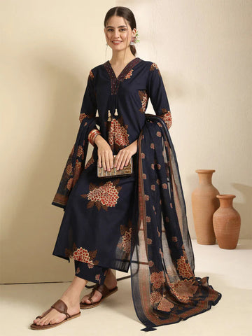 Cotton Printed Calf-Length Straight Kurta Set with Dupatta for Women