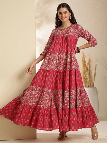 Printed Cotton Ankle-Length Flared Kurta for Women