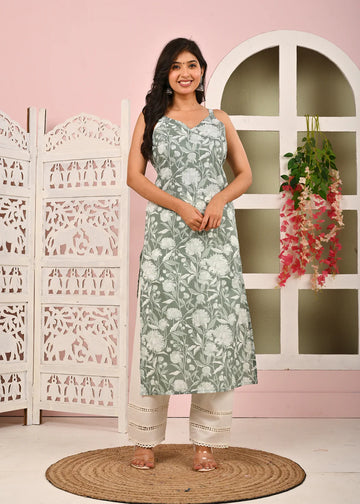 Women’s Green Printed Straight Cotton Kurta with Shoulder Straps
