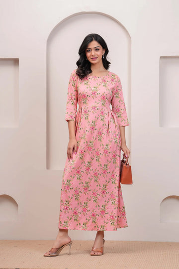 Peach Floral Printed Polyester Flared Dress for Women