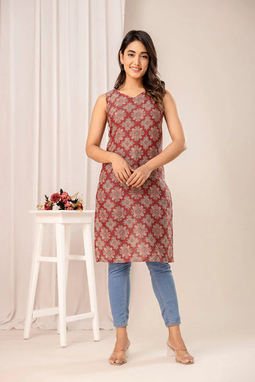 Women’s Maroon Printed Cotton Kurta