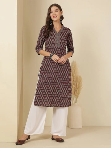 Women’s Burgundy Printed Cotton Kurta