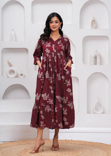 Burgundy Floral Fit & Flare Cotton Dress for Women
