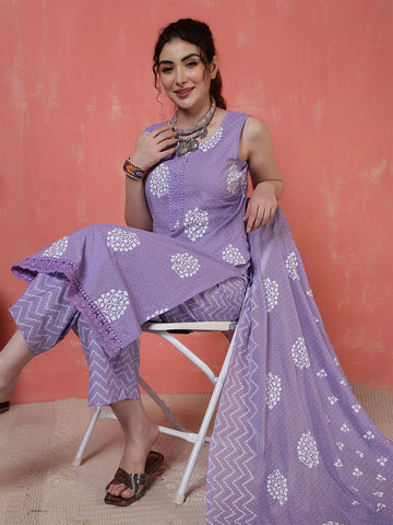 Purple Printed Cotton Kurta Set with Dupatta for Women