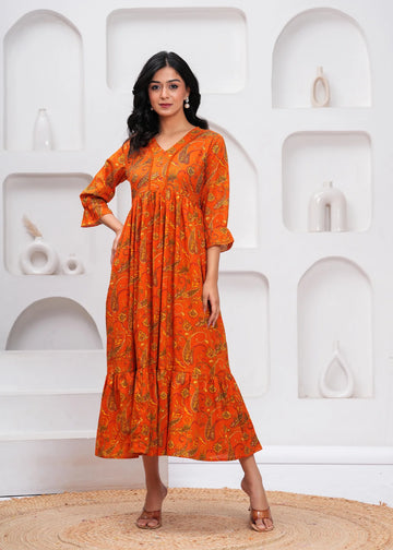 Orange Floral Fit & Flare Cotton Midi Dress for Women