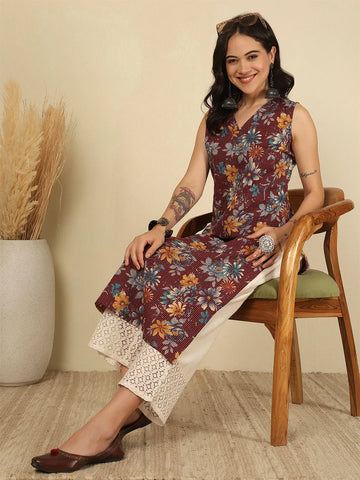 Women’s Burgundy Printed Cotton Kurta