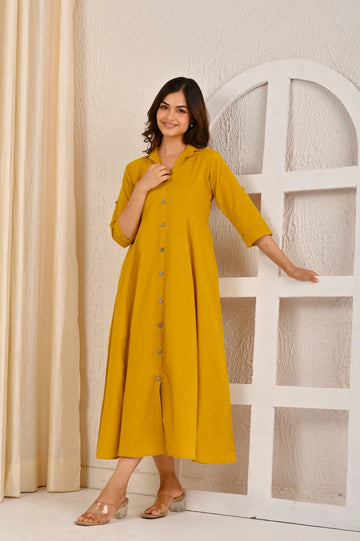 Yellow Solid Fit & Flare Cotton Midi Dress for Women
