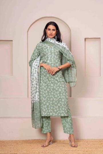 Green Printed Cotton Straight Kurta Set with Dupatta for Women