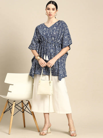 Women’s Blue Printed Cotton Kaftan Kurta