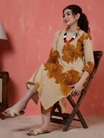 Beige Floral Printed Pure Cotton Co-Ord Set