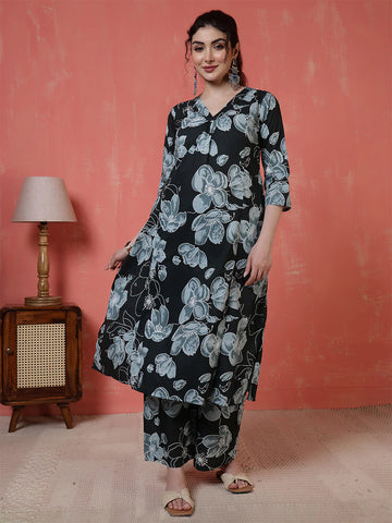 Black Floral Printed Pure Cotton Co-Ord Set