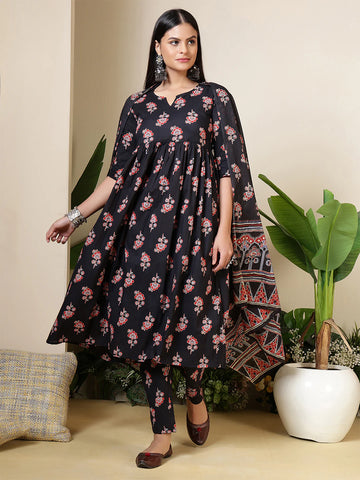 Black Printed Pure Cotton Anarkali Kurta Set with Silk Chiffon Dupatta