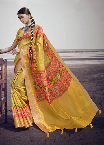 Yellow Elegant Chhapa Silk Sarees with Rich Weaving Border