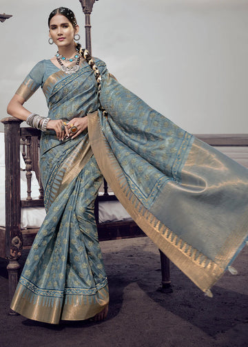 Grey Elegant Chhapa Silk Sarees with Rich Weaving Border