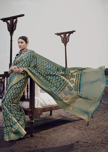 Juniper Blue Elegant Chhapa Silk Sarees with Rich Weaving Border