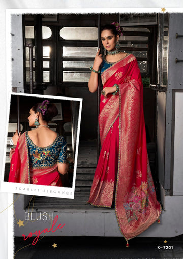 Luxurious Soft Dola Viscous Silk Saree with 3D Weaved Pallu & Embroidered Blouse