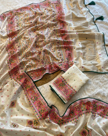 Royal Rajwadi Style Patola Print Soft Silk Saree with Mirror Work & Lagdi Patta