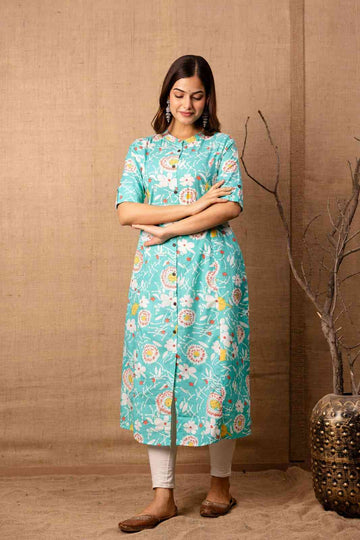 Princess Cut Cotton Kurta with Pockets & Wooden Buttons