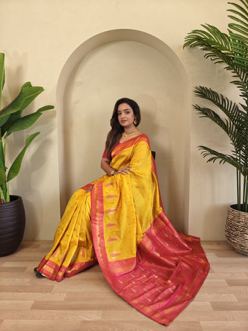 Tanya Yellow Royal Paithani Silk Saree with Kanchipuram Touch & Contrast Blouse