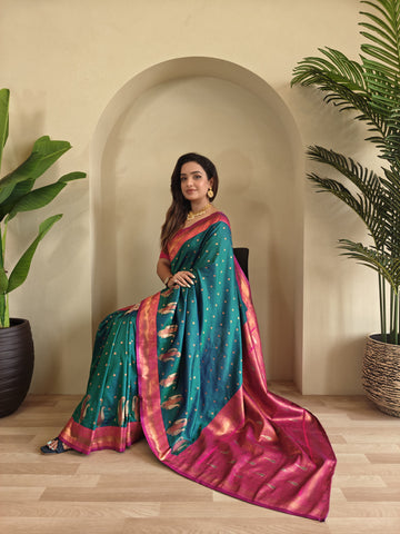 Tanya Blue Royal Paithani Silk Saree with Kanchipuram Touch & Contrast Blouse