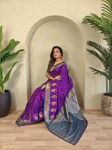 Tanya Royal Paithani Silk Saree with Kanchipuram Touch & Contrast Blouse