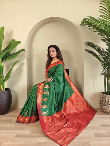 Tanya Green Royal Paithani Silk Saree with Kanchipuram Touch & Contrast Blouse