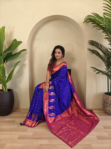 Tanya Royal Paithani Silk Saree with Kanchipuram Touch & Contrast Blouse