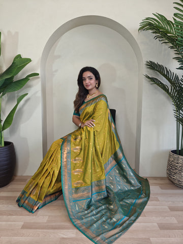 Tanya Light Green Royal Paithani Silk Saree with Kanchipuram Touch & Contrast Blouse