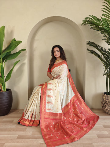 Tanya White Royal Paithani Silk Saree with Kanchipuram Touch & Contrast Blouse