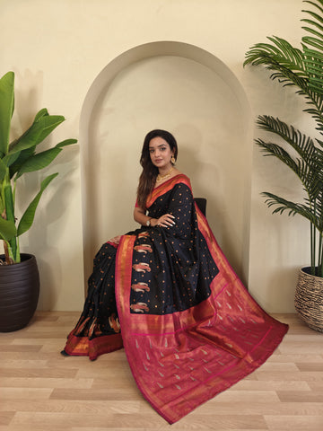 Tanya Black Royal Paithani Silk Saree with Kanchipuram Touch & Contrast Blouse