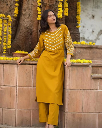 Elegant Yellow Cotton Kurti with Pant Set