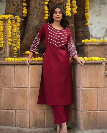 Elegant Maroon Cotton Kurti with Pant Set