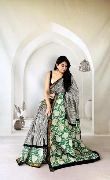 Exclusive Traditional Hand Block Printed Maheshwari Silk Saree with Blouse Piece
