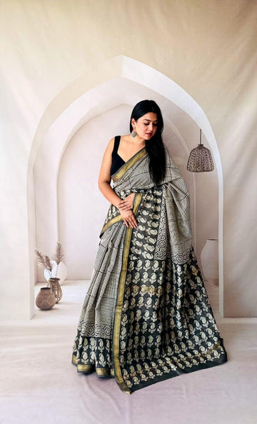 Exclusive Traditional Hand Block Printed Maheshwari Silk Saree with Blouse Piece