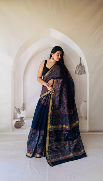 Exclusive Traditional Hand Block Printed Maheshwari Silk Saree with Blouse Piece