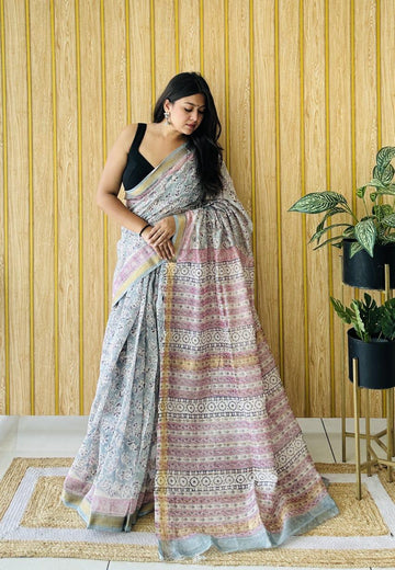 Exclusive Traditional Hand Block Printed Maheshwari Silk Saree with Blouse Piece