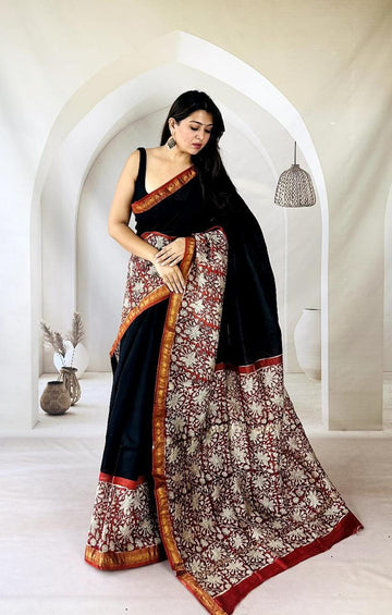 Exclusive Traditional Hand Block Printed Maheshwari Silk Saree with Blouse Piece