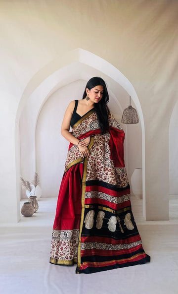 Exclusive Traditional Hand Block Printed Maheshwari Silk Saree with Blouse Piece
