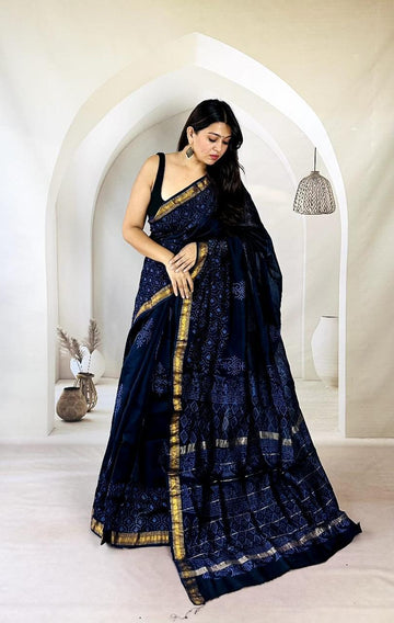 Exclusive Traditional Hand Block Printed Maheshwari Silk Saree with Blouse Piece