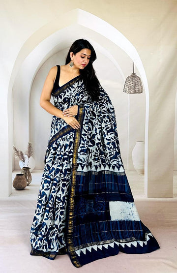 Exclusive Traditional Hand Block Printed Maheshwari Silk Saree with Blouse Piece