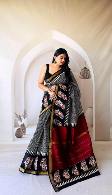 Exclusive Traditional Hand Block Printed Maheshwari Silk Saree with Blouse Piece